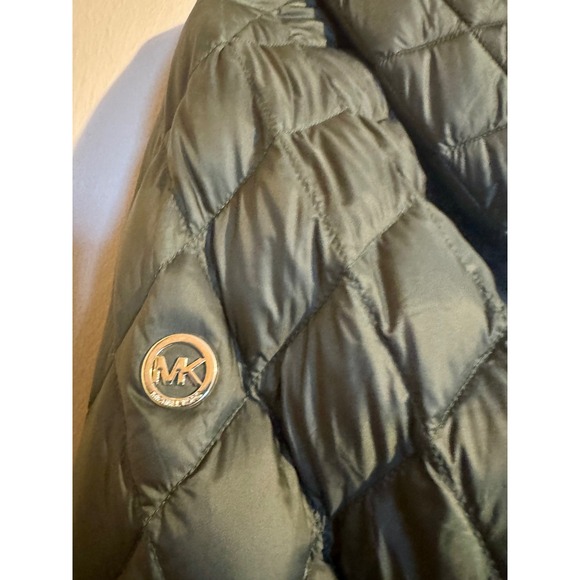 MICHAEL KORS W Med Olive Green Quilted Puffer Jacket Hooded shearling Lined Coat - Picture 4 of 12